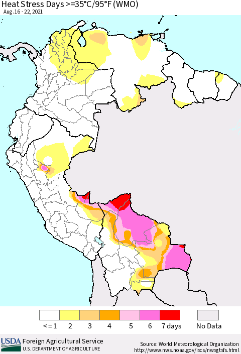Northern South America Heat Stress Days >=35°C/95°F (WMO) Thematic Map For 8/16/2021 - 8/22/2021
