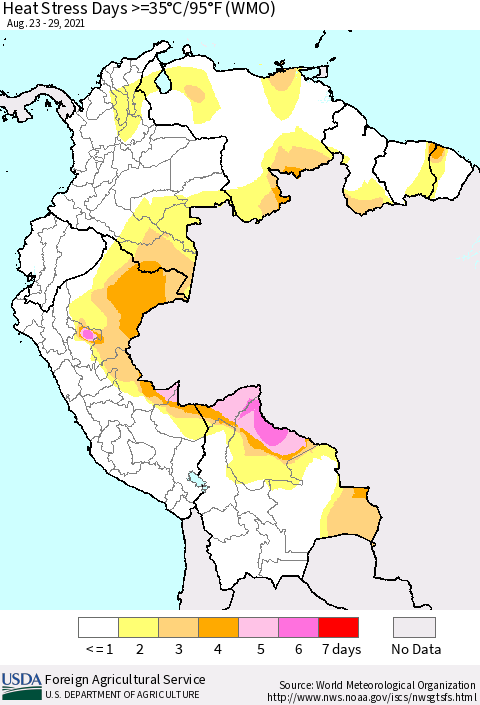 Northern South America Heat Stress Days >=35°C/95°F (WMO) Thematic Map For 8/23/2021 - 8/29/2021