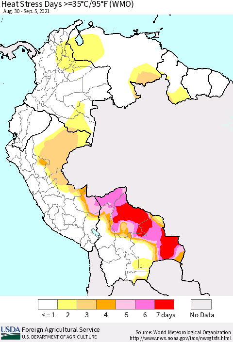 Northern South America Heat Stress Days >=35°C/95°F (WMO) Thematic Map For 8/30/2021 - 9/5/2021