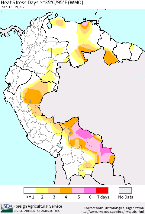 Northern South America Heat Stress Days >=35°C/95°F (WMO) Thematic Map For 9/13/2021 - 9/19/2021