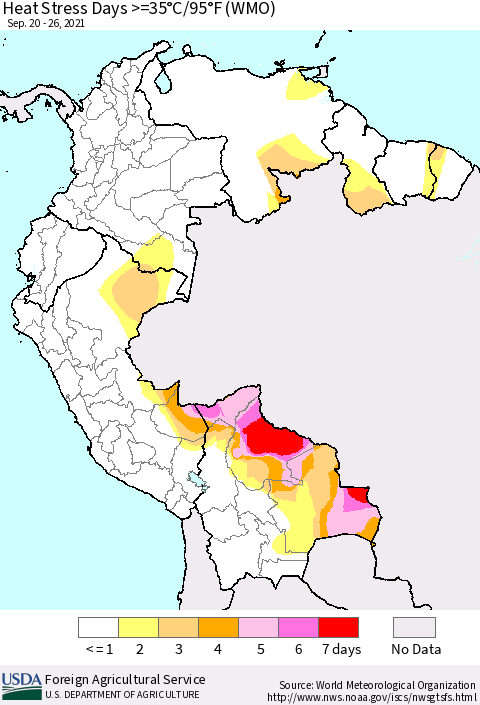 Northern South America Heat Stress Days >=35°C/95°F (WMO) Thematic Map For 9/20/2021 - 9/26/2021