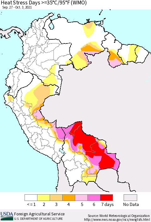Northern South America Heat Stress Days >=35°C/95°F (WMO) Thematic Map For 9/27/2021 - 10/3/2021