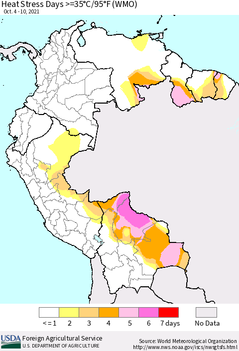 Northern South America Heat Stress Days >=35°C/95°F (WMO) Thematic Map For 10/4/2021 - 10/10/2021