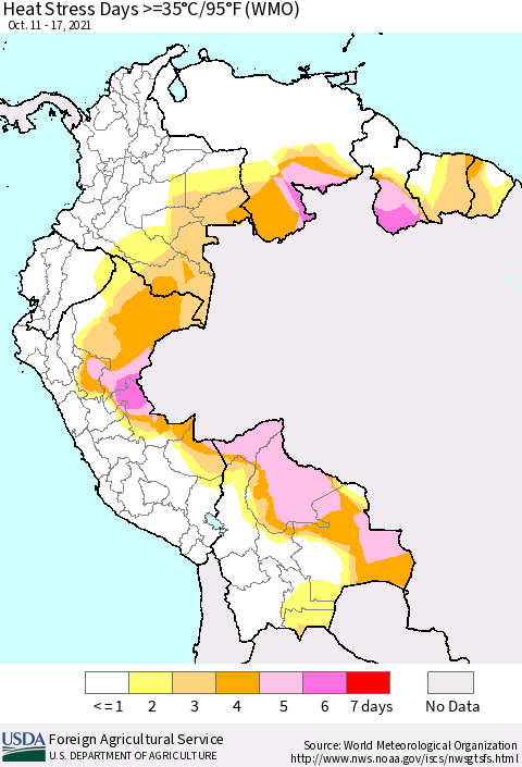 Northern South America Heat Stress Days >=35°C/95°F (WMO) Thematic Map For 10/11/2021 - 10/17/2021