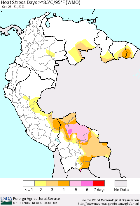Northern South America Heat Stress Days >=35°C/95°F (WMO) Thematic Map For 10/25/2021 - 10/31/2021