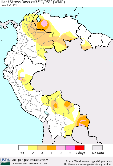 Northern South America Heat Stress Days >=35°C/95°F (WMO) Thematic Map For 11/1/2021 - 11/7/2021