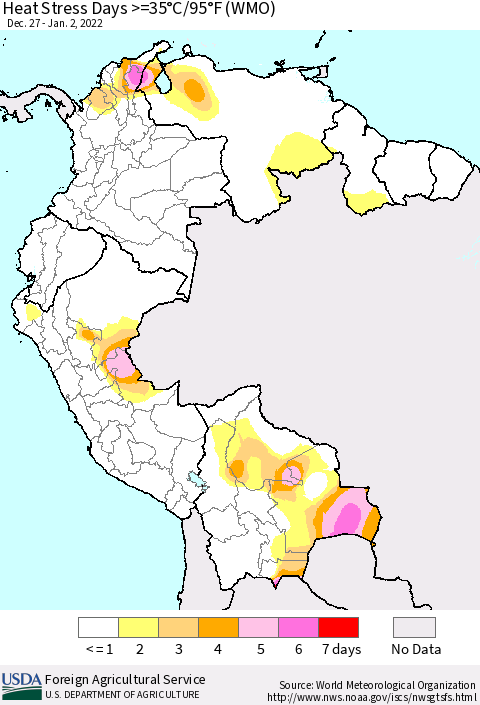 Northern South America Heat Stress Days >=35°C/95°F (WMO) Thematic Map For 12/27/2021 - 1/2/2022