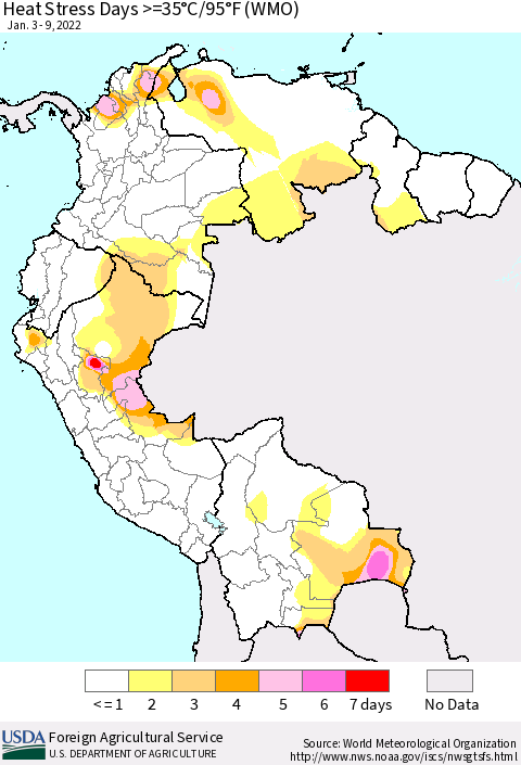 Northern South America Heat Stress Days >=35°C/95°F (WMO) Thematic Map For 1/3/2022 - 1/9/2022