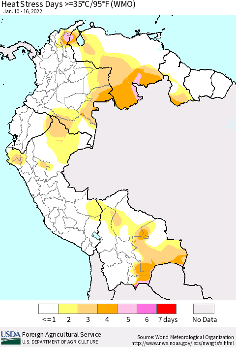 Northern South America Heat Stress Days >=35°C/95°F (WMO) Thematic Map For 1/10/2022 - 1/16/2022