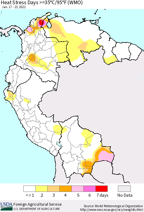 Northern South America Heat Stress Days >=35°C/95°F (WMO) Thematic Map For 1/17/2022 - 1/23/2022