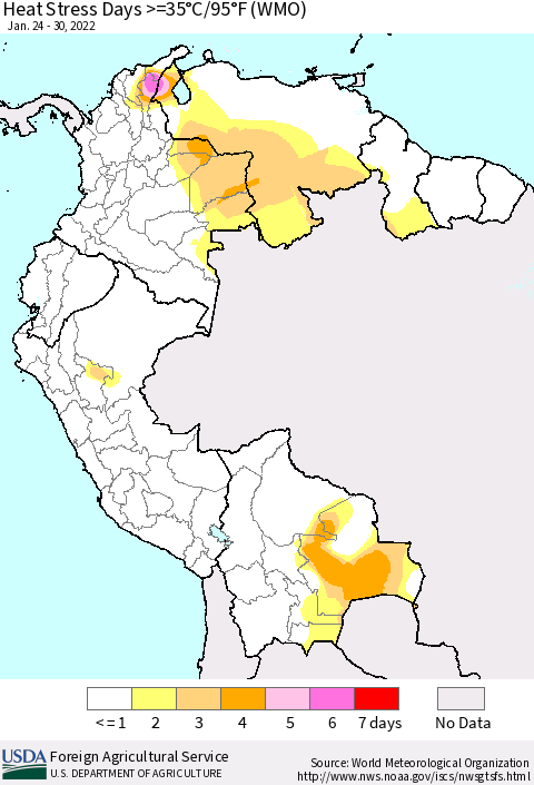 Northern South America Heat Stress Days >=35°C/95°F (WMO) Thematic Map For 1/24/2022 - 1/30/2022
