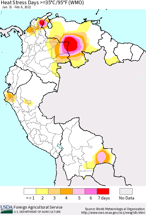 Northern South America Heat Stress Days >=35°C/95°F (WMO) Thematic Map For 1/31/2022 - 2/6/2022