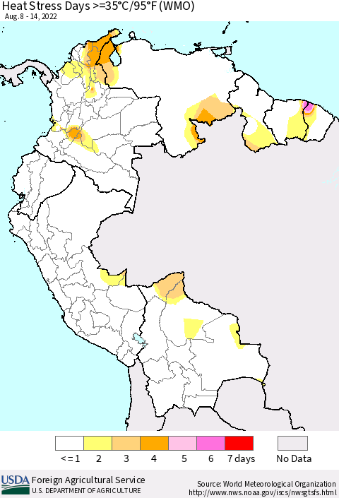 Northern South America Heat Stress Days >=35°C/95°F (WMO) Thematic Map For 8/8/2022 - 8/14/2022