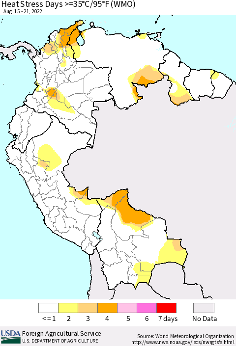 Northern South America Heat Stress Days >=35°C/95°F (WMO) Thematic Map For 8/15/2022 - 8/21/2022