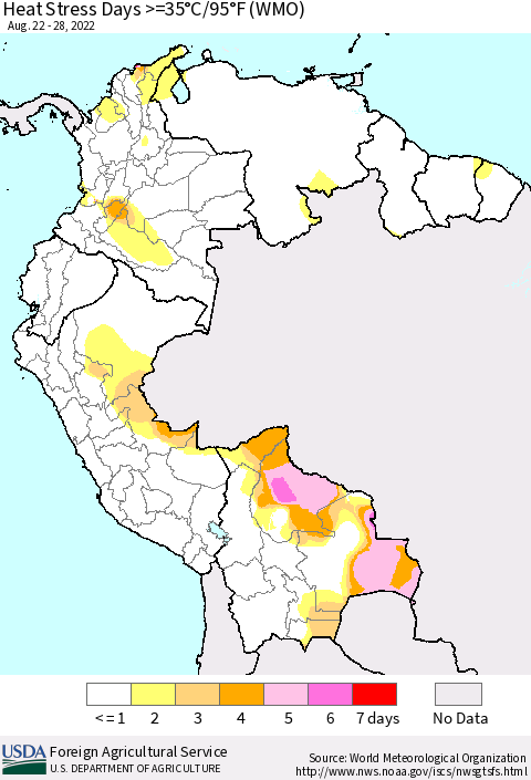 Northern South America Heat Stress Days >=35°C/95°F (WMO) Thematic Map For 8/22/2022 - 8/28/2022