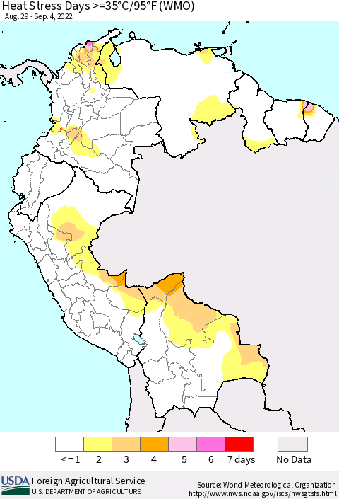 Northern South America Heat Stress Days >=35°C/95°F (WMO) Thematic Map For 8/29/2022 - 9/4/2022