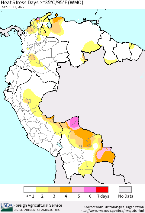 Northern South America Heat Stress Days >=35°C/95°F (WMO) Thematic Map For 9/5/2022 - 9/11/2022