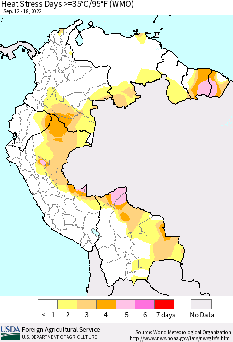 Northern South America Heat Stress Days >=35°C/95°F (WMO) Thematic Map For 9/12/2022 - 9/18/2022