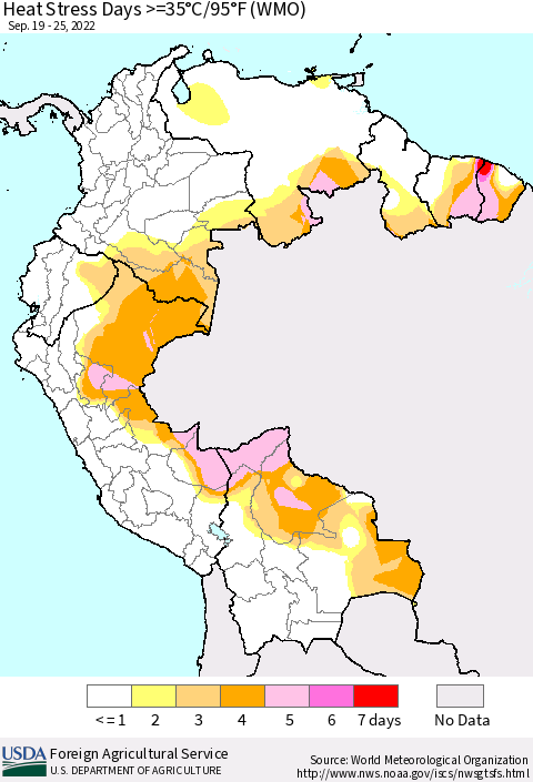 Northern South America Heat Stress Days >=35°C/95°F (WMO) Thematic Map For 9/19/2022 - 9/25/2022