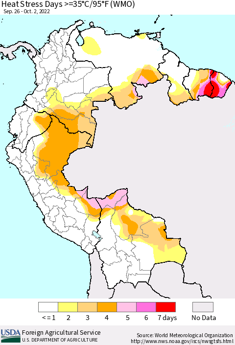 Northern South America Heat Stress Days >=35°C/95°F (WMO) Thematic Map For 9/26/2022 - 10/2/2022