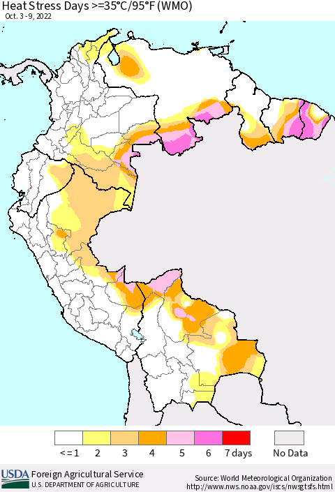 Northern South America Heat Stress Days >=35°C/95°F (WMO) Thematic Map For 10/3/2022 - 10/9/2022