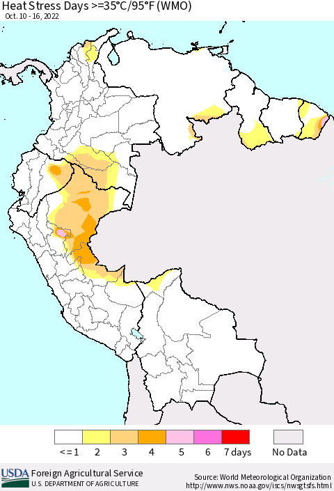 Northern South America Heat Stress Days >=35°C/95°F (WMO) Thematic Map For 10/10/2022 - 10/16/2022