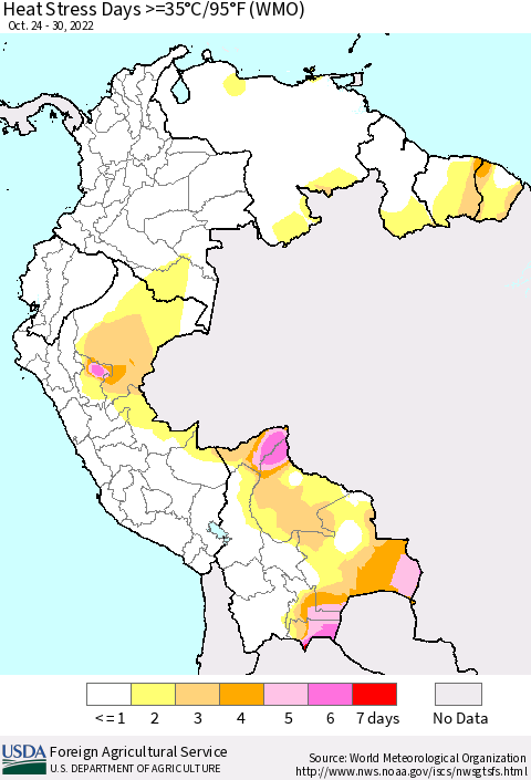 Northern South America Heat Stress Days >=35°C/95°F (WMO) Thematic Map For 10/24/2022 - 10/30/2022