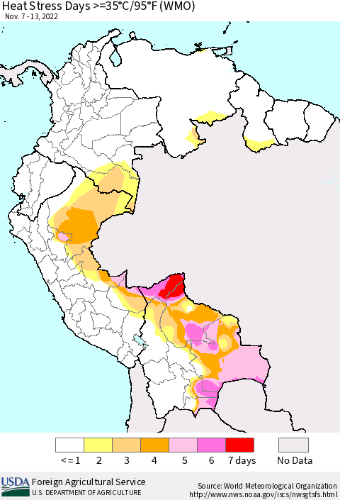 Northern South America Heat Stress Days >=35°C/95°F (WMO) Thematic Map For 11/7/2022 - 11/13/2022