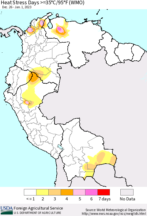 Northern South America Heat Stress Days >=35°C/95°F (WMO) Thematic Map For 12/26/2022 - 1/1/2023