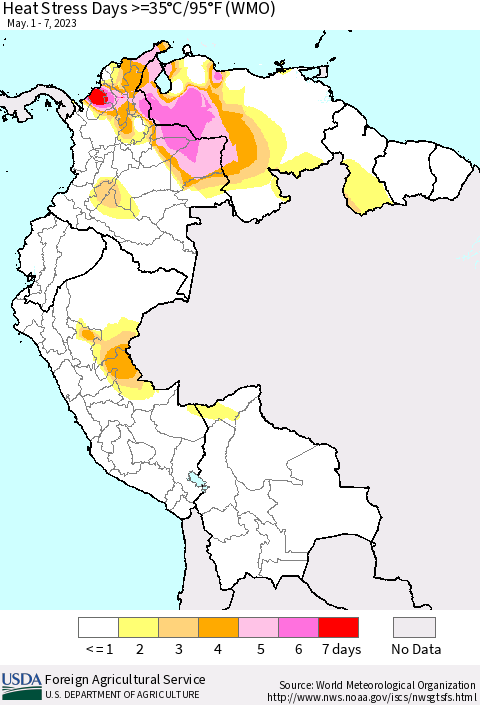 Northern South America Heat Stress Days >=35°C/95°F (WMO) Thematic Map For 5/1/2023 - 5/7/2023