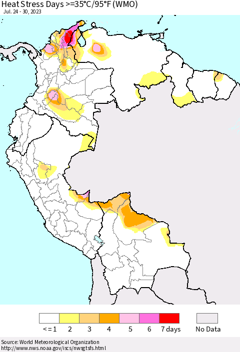 Northern South America Heat Stress Days >=35°C/95°F (WMO) Thematic Map For 7/24/2023 - 7/30/2023