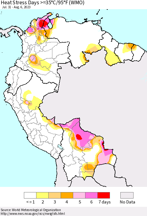 Northern South America Heat Stress Days >=35°C/95°F (WMO) Thematic Map For 7/31/2023 - 8/6/2023