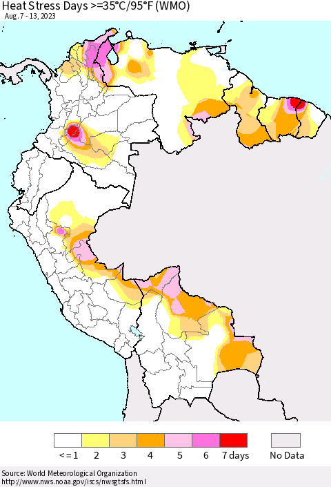 Northern South America Heat Stress Days >=35°C/95°F (WMO) Thematic Map For 8/7/2023 - 8/13/2023