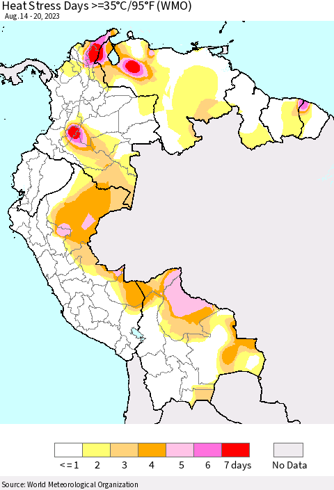 Northern South America Heat Stress Days >=35°C/95°F (WMO) Thematic Map For 8/14/2023 - 8/20/2023