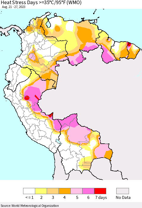 Northern South America Heat Stress Days >=35°C/95°F (WMO) Thematic Map For 8/21/2023 - 8/27/2023