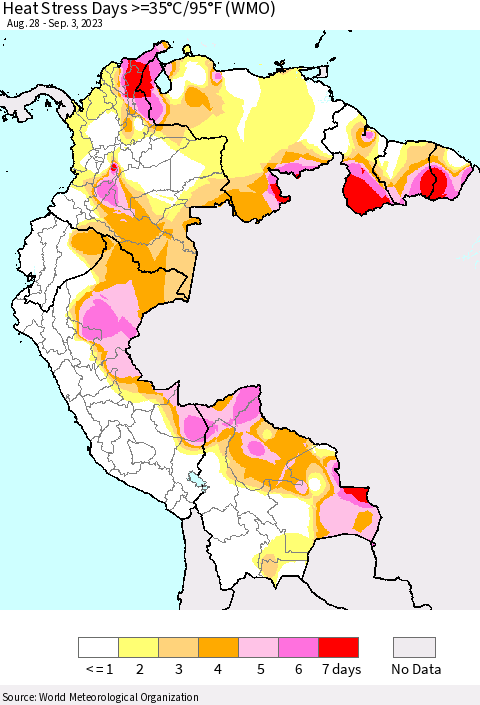 Northern South America Heat Stress Days >=35°C/95°F (WMO) Thematic Map For 8/28/2023 - 9/3/2023