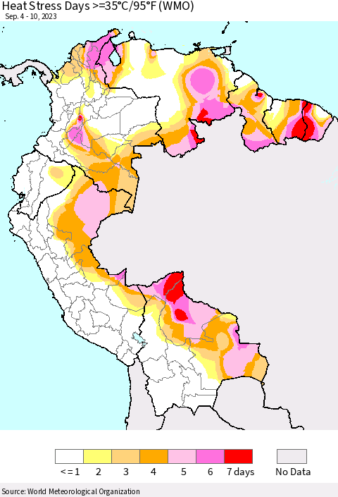 Northern South America Heat Stress Days >=35°C/95°F (WMO) Thematic Map For 9/4/2023 - 9/10/2023