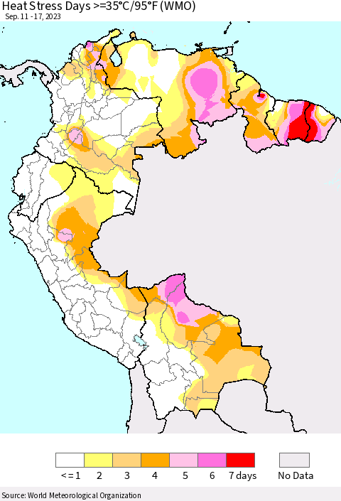 Northern South America Heat Stress Days >=35°C/95°F (WMO) Thematic Map For 9/11/2023 - 9/17/2023