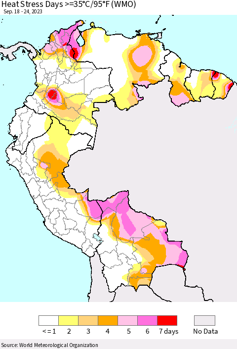 Northern South America Heat Stress Days >=35°C/95°F (WMO) Thematic Map For 9/18/2023 - 9/24/2023