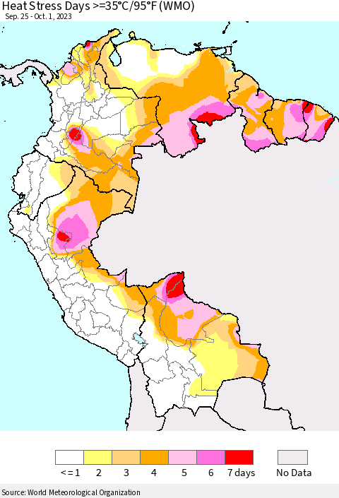 Northern South America Heat Stress Days >=35°C/95°F (WMO) Thematic Map For 9/25/2023 - 10/1/2023