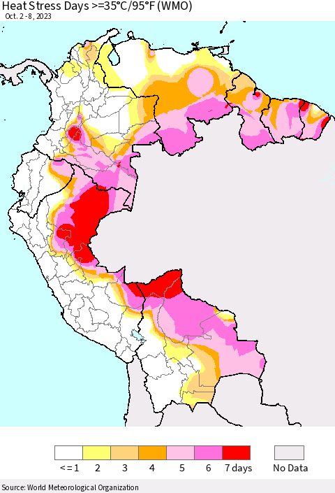 Northern South America Heat Stress Days >=35°C/95°F (WMO) Thematic Map For 10/2/2023 - 10/8/2023