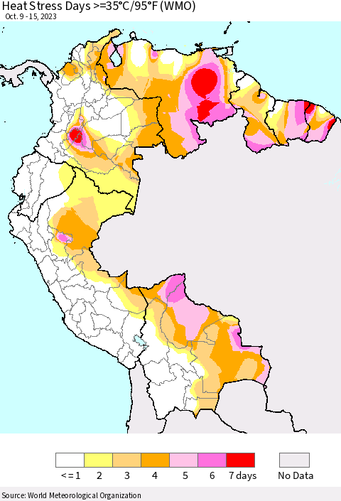 Northern South America Heat Stress Days >=35°C/95°F (WMO) Thematic Map For 10/9/2023 - 10/15/2023