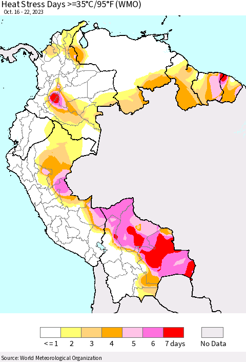 Northern South America Heat Stress Days >=35°C/95°F (WMO) Thematic Map For 10/16/2023 - 10/22/2023