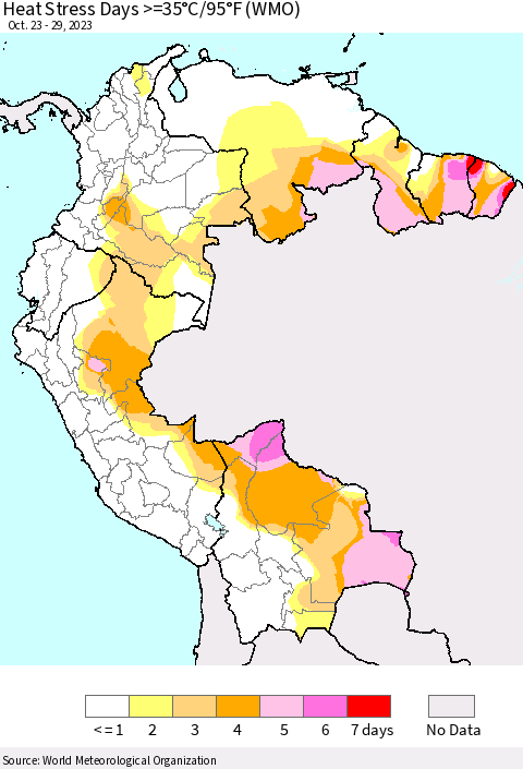 Northern South America Heat Stress Days >=35°C/95°F (WMO) Thematic Map For 10/23/2023 - 10/29/2023