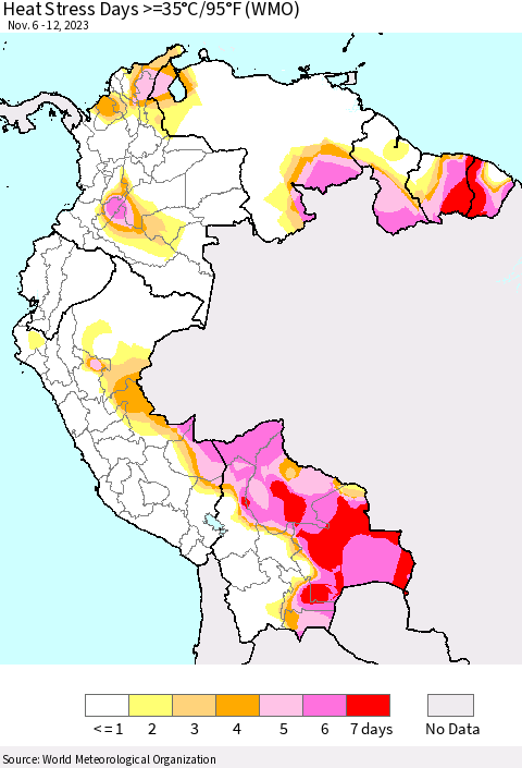 Northern South America Heat Stress Days >=35°C/95°F (WMO) Thematic Map For 11/6/2023 - 11/12/2023