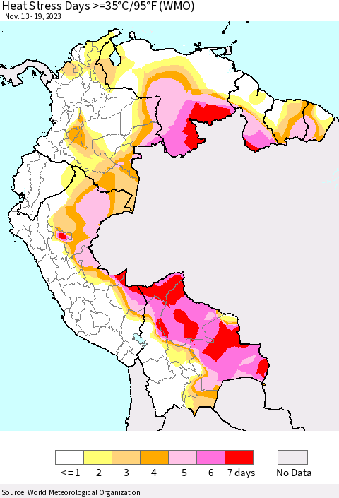 Northern South America Heat Stress Days >=35°C/95°F (WMO) Thematic Map For 11/13/2023 - 11/19/2023