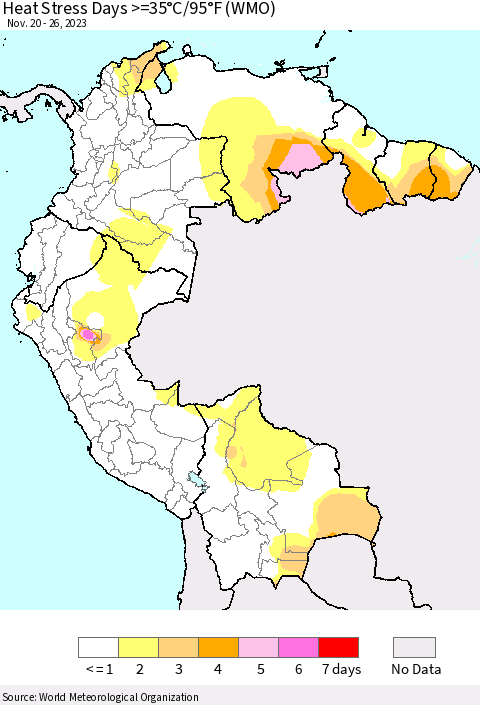 Northern South America Heat Stress Days >=35°C/95°F (WMO) Thematic Map For 11/20/2023 - 11/26/2023