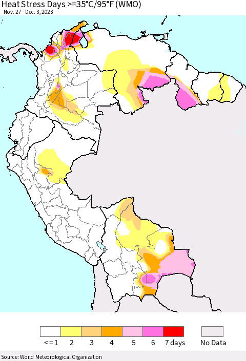 Northern South America Heat Stress Days >=35°C/95°F (WMO) Thematic Map For 11/27/2023 - 12/3/2023