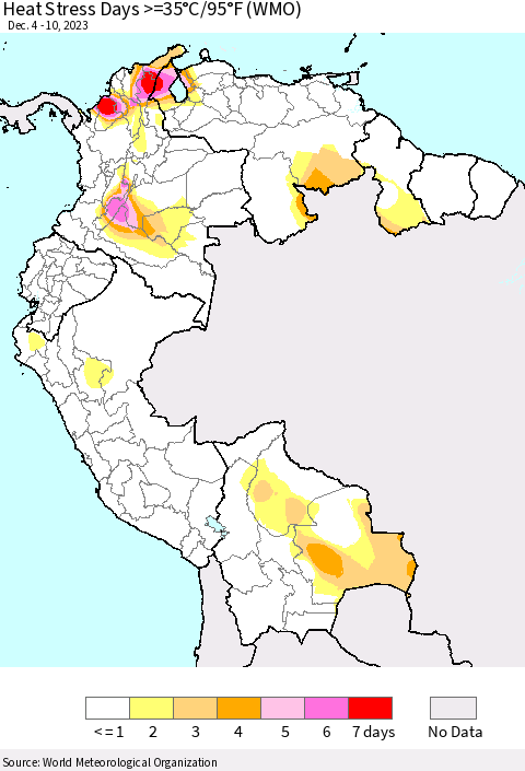 Northern South America Heat Stress Days >=35°C/95°F (WMO) Thematic Map For 12/4/2023 - 12/10/2023