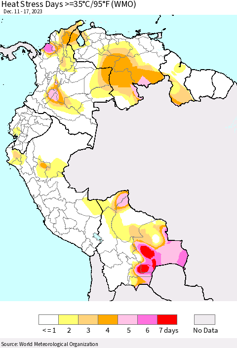 Northern South America Heat Stress Days >=35°C/95°F (WMO) Thematic Map For 12/11/2023 - 12/17/2023